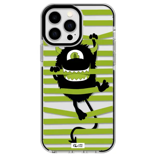 a black monster with horns and green stripes Apple iPhone 13 Pro Max impact black border Case