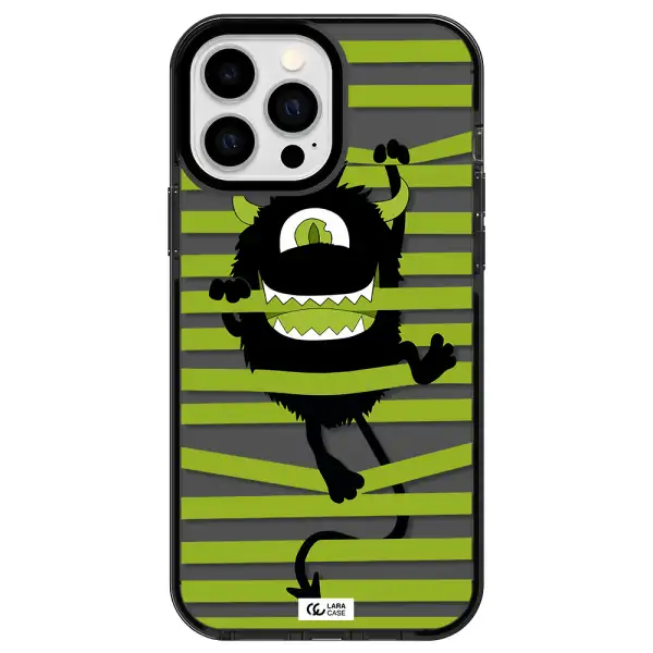 a black monster with horns and green stripes Apple iPhone 13 Pro Max impact Smoke Black Case