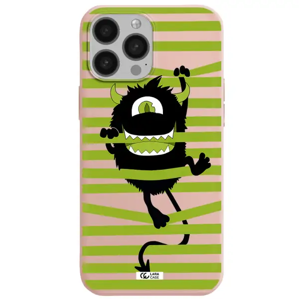 a black monster with horns and green stripes Apple iPhone 13 Pro Silicone pastel pink Case