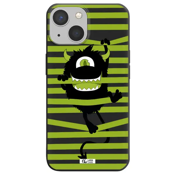 a black monster with horns and green stripes Apple iPhone 13 Silicone black Case