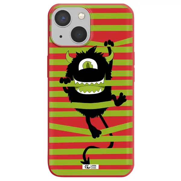 a black monster with horns and green stripes Apple iPhone 13 Silicone Imperial Red Case