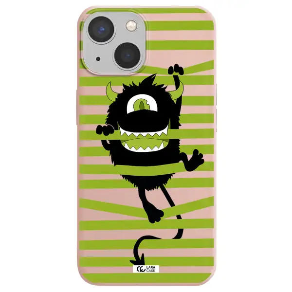 a black monster with horns and green stripes Apple iPhone 13 Silicone pastel pink Case