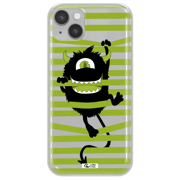 a black monster with horns and green stripes Apple iPhone 14 Clear TPU Case