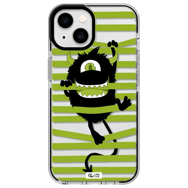 a black monster with horns and green stripes Apple iPhone 14 impact black border Case