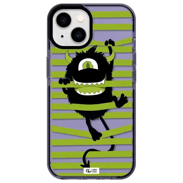 a black monster with horns and green stripes Apple iPhone 14 impact Lilac Case