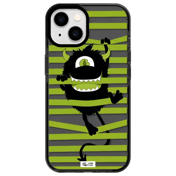 a black monster with horns and green stripes Apple iPhone 14 impact Smoke Black Case