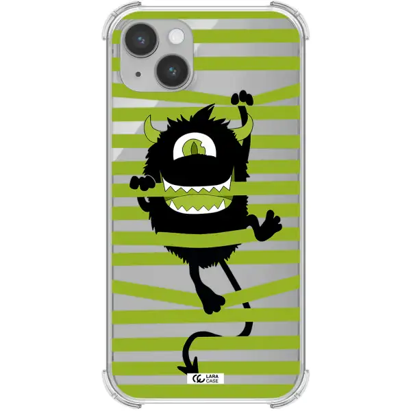 a black monster with horns and green stripes Apple iPhone 14 plus Clear PC Case