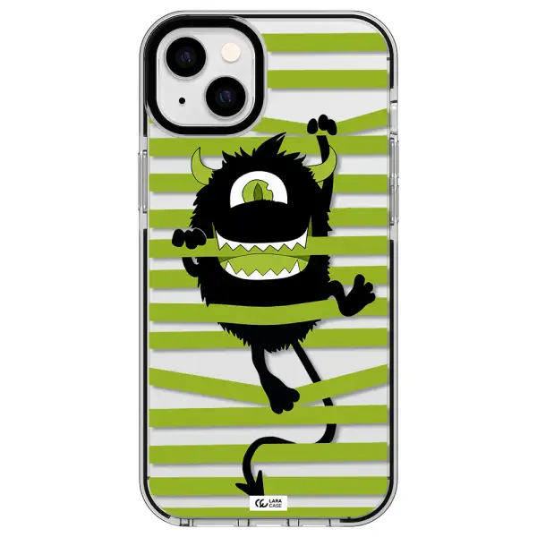 a black monster with horns and green stripes Apple iPhone 14 plus impact black border Case