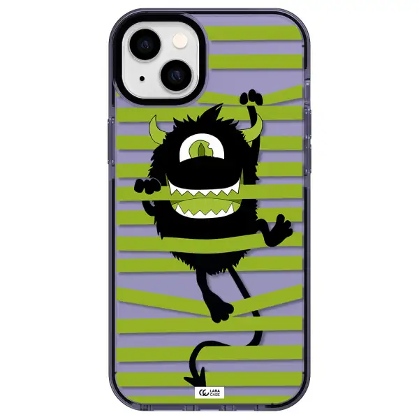 a black monster with horns and green stripes Apple iPhone 14 plus impact Lilac Case