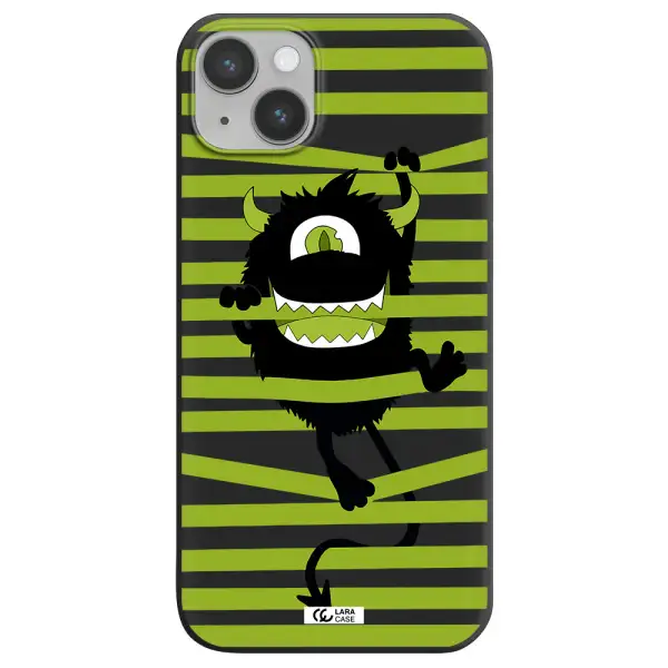 a black monster with horns and green stripes Apple iPhone 14 plus Silicone black Case