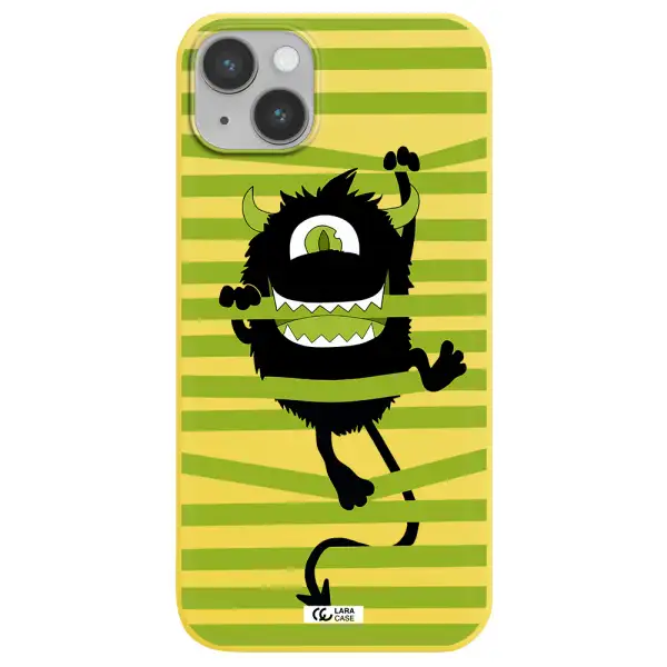 a black monster with horns and green stripes Apple iPhone 14 plus Silicone canary yellow Case