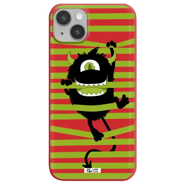 a black monster with horns and green stripes Apple iPhone 14 plus Silicone Imperial Red Case