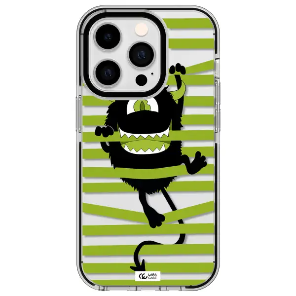 a black monster with horns and green stripes Apple iPhone 14 pro impact black border Case