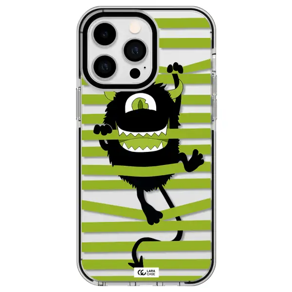 a black monster with horns and green stripes Apple iPhone 14 pro max impact black border Case