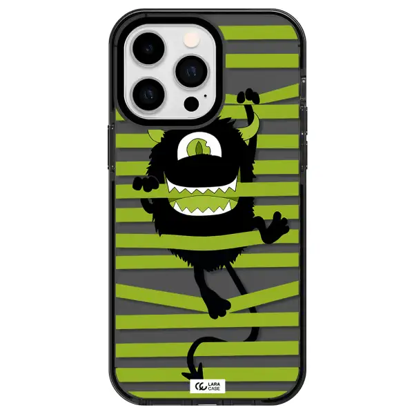 a black monster with horns and green stripes Apple iPhone 14 pro max impact Smoke Black Case