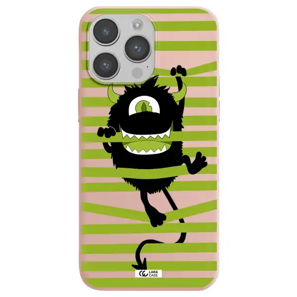 a black monster with horns and green stripes Apple iPhone 14 pro max Silicone pastel pink Case