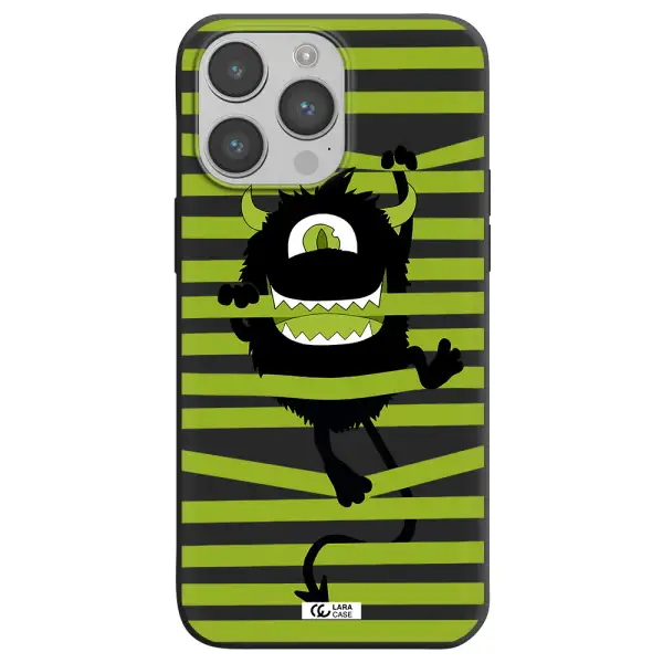 a black monster with horns and green stripes Apple iPhone 14 pro Silicone black Case
