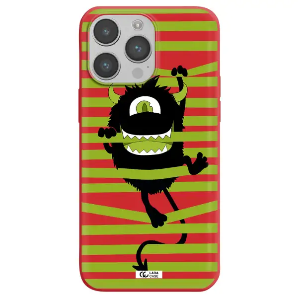 a black monster with horns and green stripes Apple iPhone 14 pro Silicone Imperial Red Case