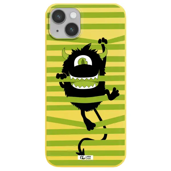 a black monster with horns and green stripes Apple iPhone 14 Silicone canary yellow Case