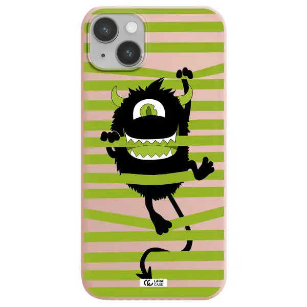 a black monster with horns and green stripes Apple iPhone 14 Silicone pastel pink Case