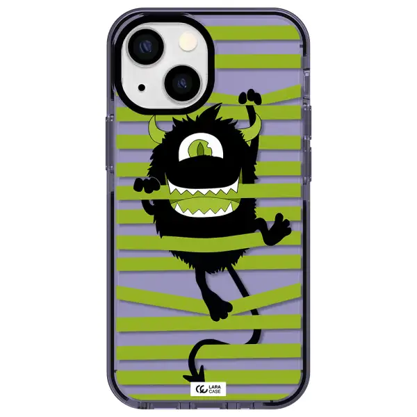 a black monster with horns and green stripes Apple iPhone 15 impact Lilac Case