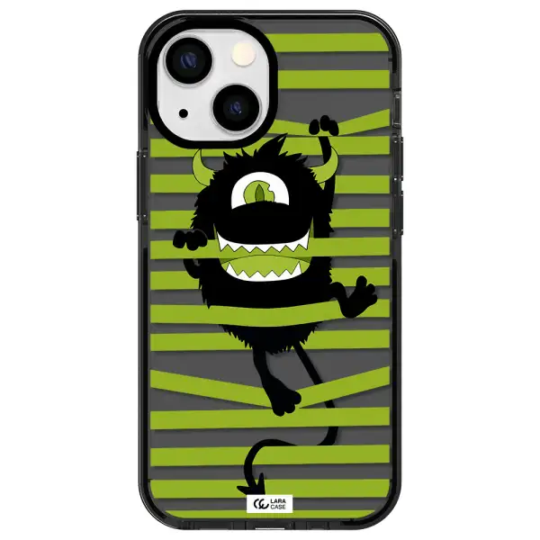 a black monster with horns and green stripes Apple iPhone 15 impact Smoke Black Case