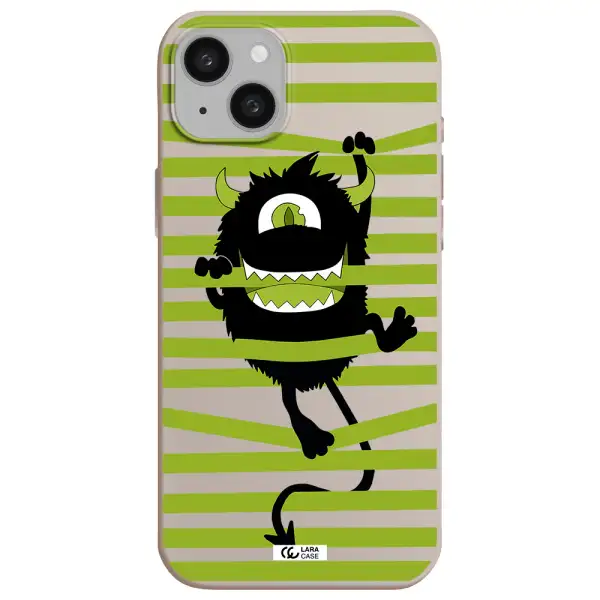 a black monster with horns and green stripes Apple iphone 15 plus Silicone Stone Case