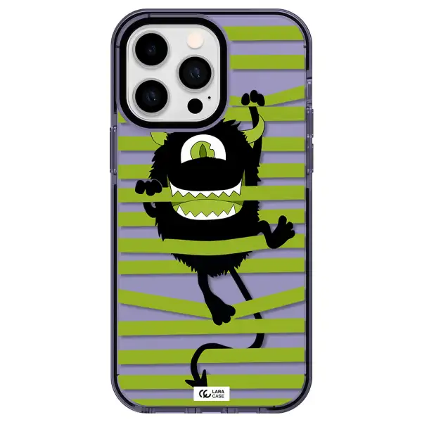 a black monster with horns and green stripes Apple iPhone 15 Pro impact Lilac Case