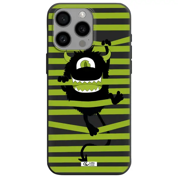 a black monster with horns and green stripes Apple Iphone 15 Pro max Silicone black Case