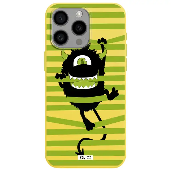 a black monster with horns and green stripes Apple Iphone 15 Pro max Silicone canary yellow Case