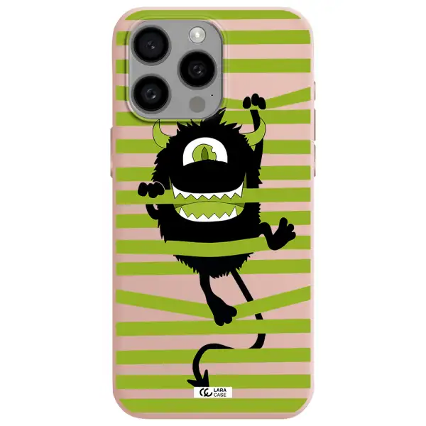 a black monster with horns and green stripes Apple Iphone 15 Pro max Silicone pastel pink Case