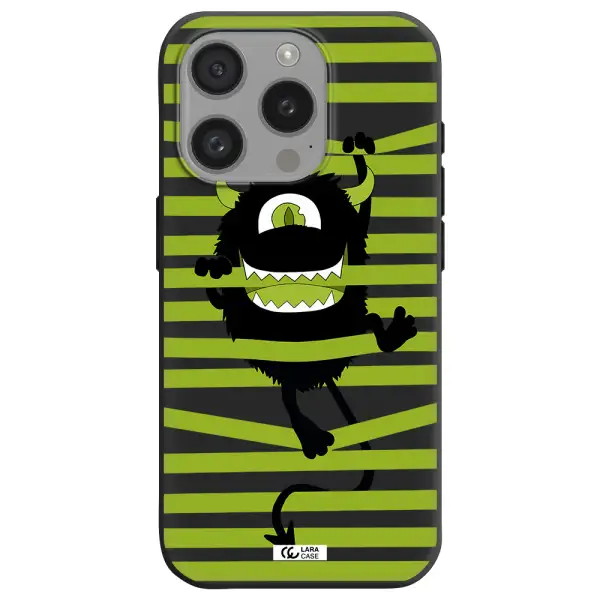 A Black Monster With Horns And Green Stripes Apple Iphone 15 Pro Silicone Black Case