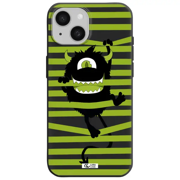 a black monster with horns and green stripes Apple iPhone 15 Silicone black Case