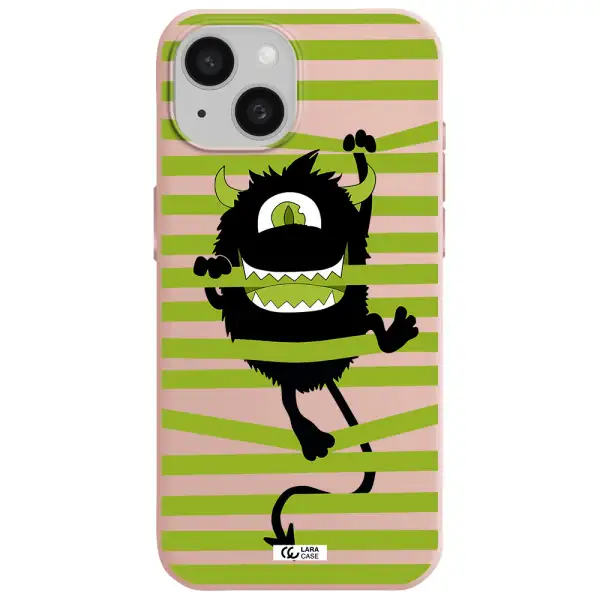 A Black Monster With Horns And Green Stripes Apple Iphone 15 Silicone Pastel Pink Case