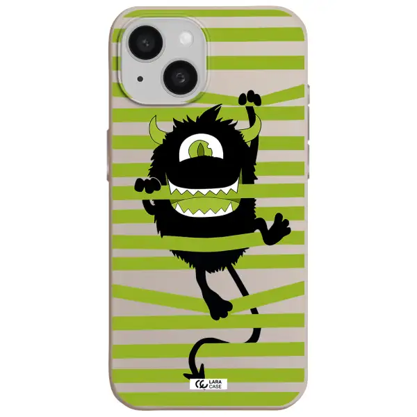 a black monster with horns and green stripes Apple iPhone 15 Silicone Stone Case