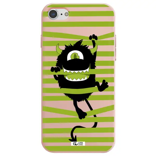 a black monster with horns and green stripes Apple iPhone 7 Silicone pastel pink Case