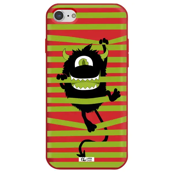 a black monster with horns and green stripes Apple iPhone 8 Silicone Imperial Red Case