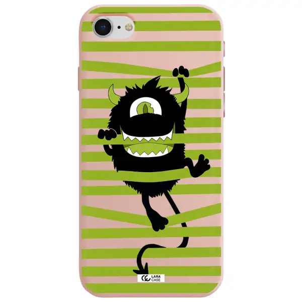 a black monster with horns and green stripes Apple iPhone se 2020 Silicone pastel pink Case
