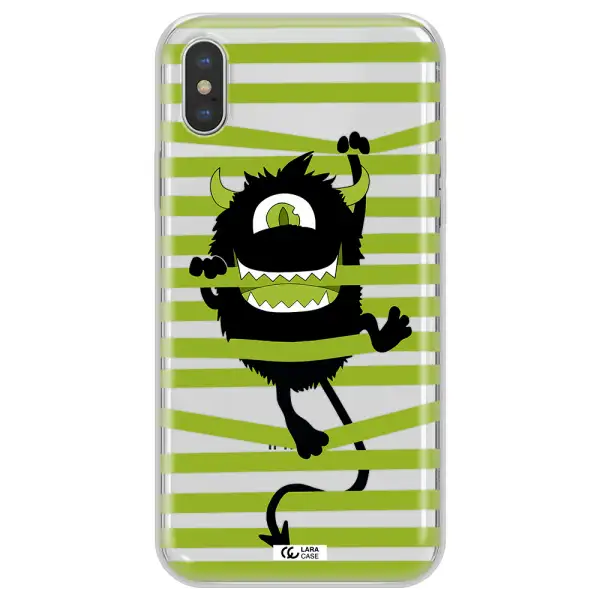 a black monster with horns and green stripes Apple iPhone X Clear TPU Case