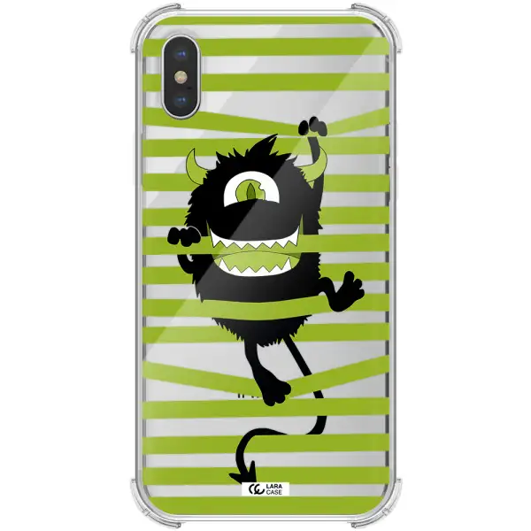 a black monster with horns and green stripes Apple iPhone XS Clear PC Case
