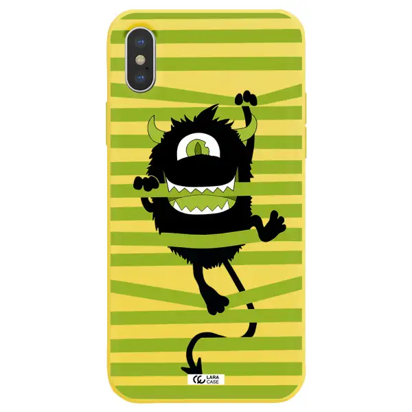 a black monster with horns and green stripes Apple iPhone XS Silicone canary yellow Case