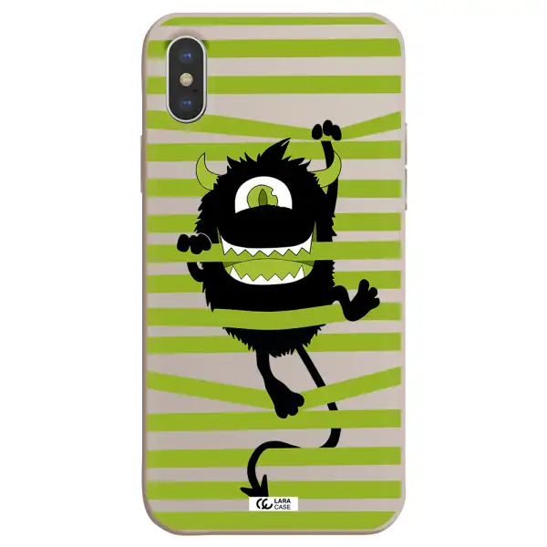 a black monster with horns and green stripes Apple iPhone XS Silicone Stone Case