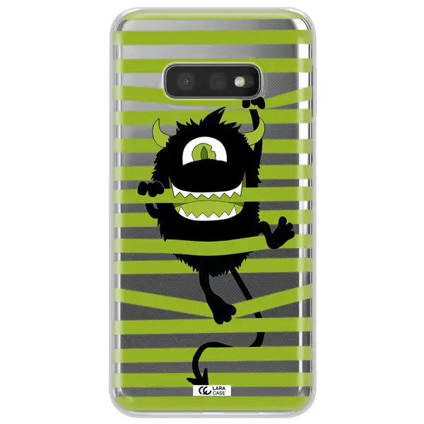 a black monster with horns and green stripes Samsung S10e Clear TPU Case