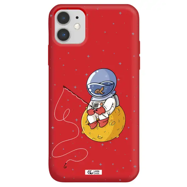 a cartoon of an astronaut sitting on a moon Apple iPhone 11 Silicone Imperial Red Case