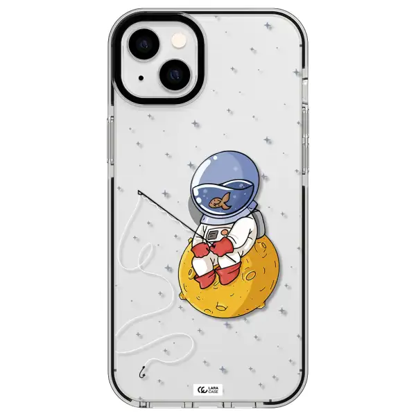 a cartoon of an astronaut sitting on a moon Apple iPhone 14 plus impact black border Case