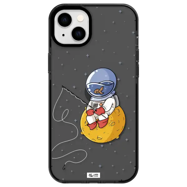 a cartoon of an astronaut sitting on a moon Apple iPhone 14 plus impact Smoke Black Case