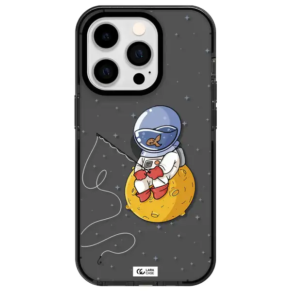 a cartoon of an astronaut sitting on a moon Apple iPhone 14 pro impact Smoke Black Case