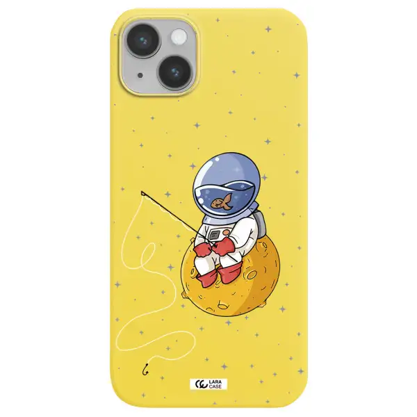 a cartoon of an astronaut sitting on a moon Apple iPhone 14 Silicone canary yellow Case