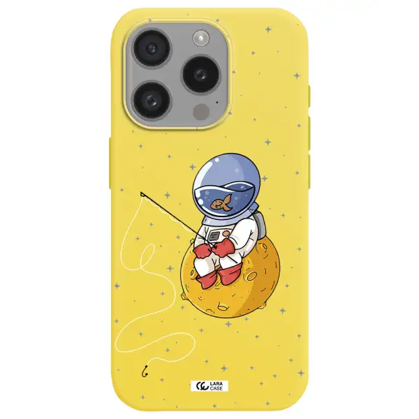 A Cartoon Of An Astronaut Sitting On A Moon Apple Iphone 15 Pro Silicone Canary Yellow Case
