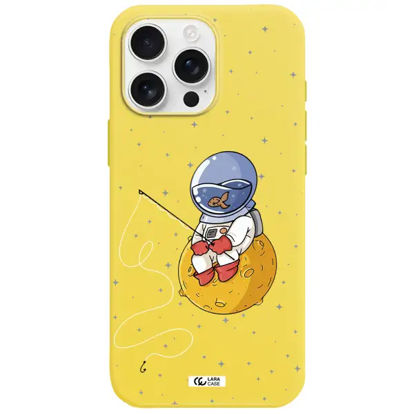 A Cartoon Of An Astronaut Sitting On A Moon Apple Iphone 16 Pro Max Silicone Canary Yellow Case